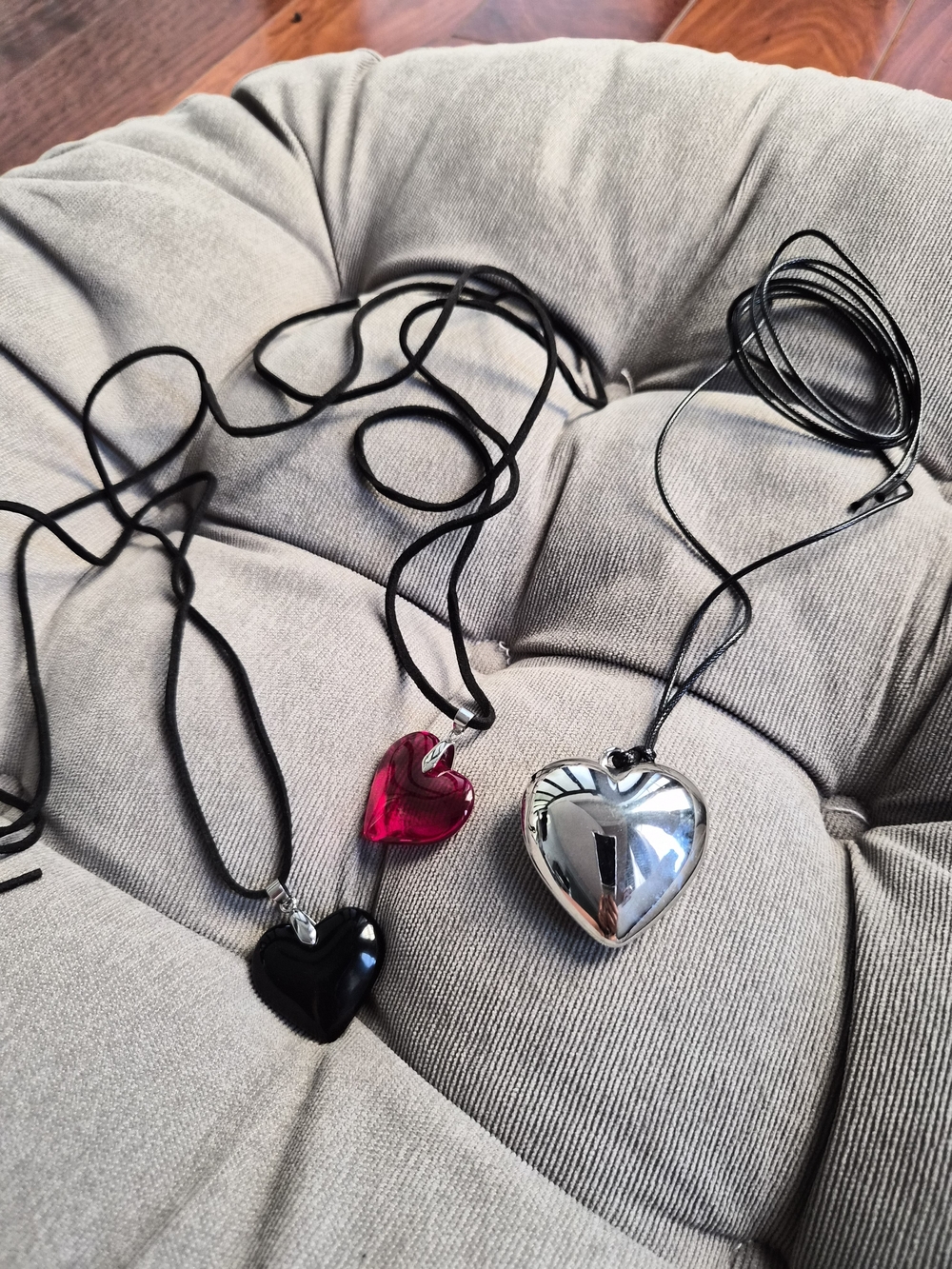 5/$5 3pc Heart Pendant Necklace Set • Silver, Red, Black Cord - Picture 1 of 6